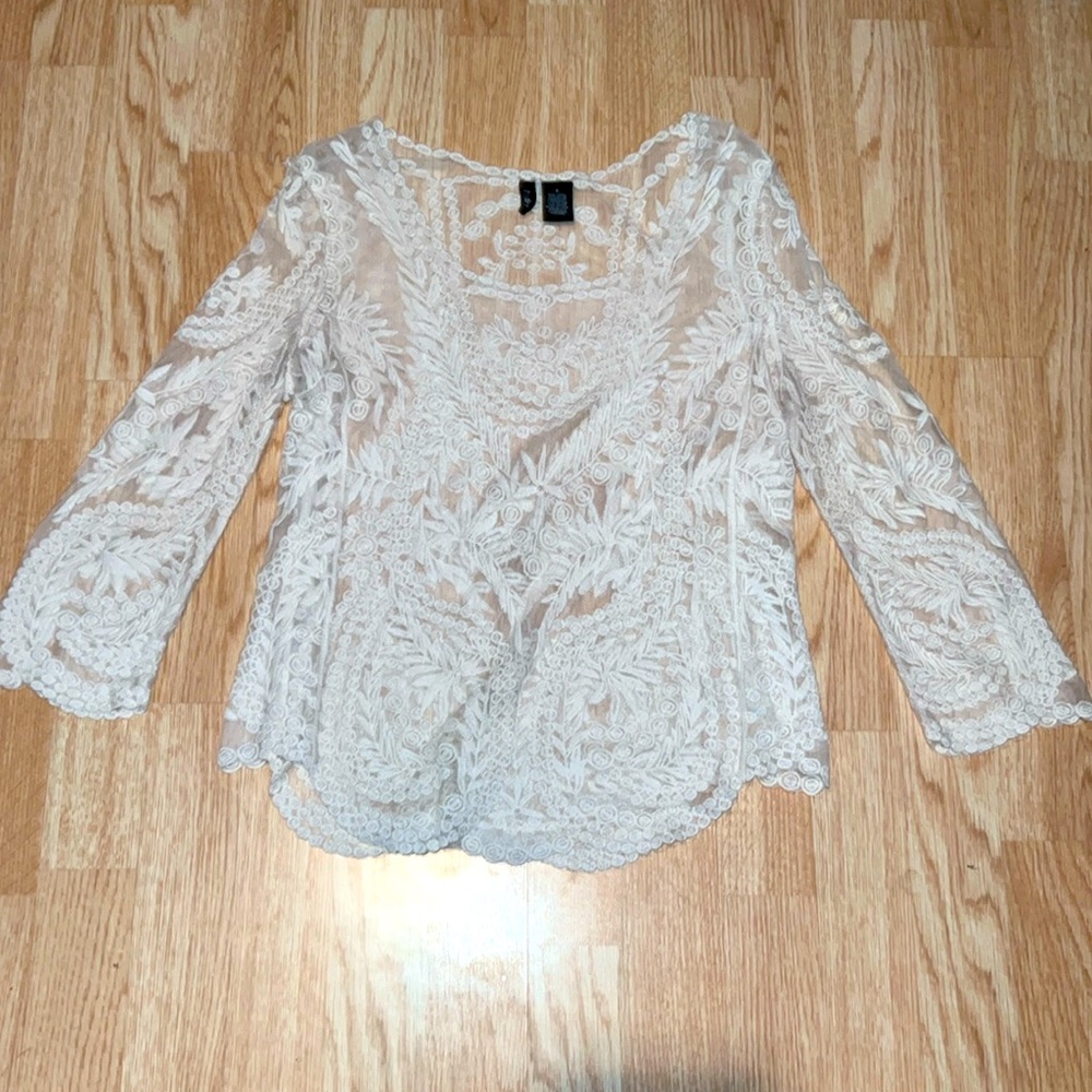Ultra Flirt Cream See Through Top with Quarter Sleeves Size Small